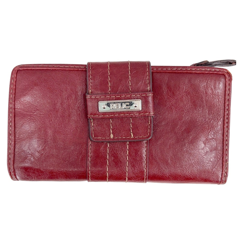Relic by Fossil Womens Bifold Clutch Wallet Rust Wine Faux Leather Top Stitching